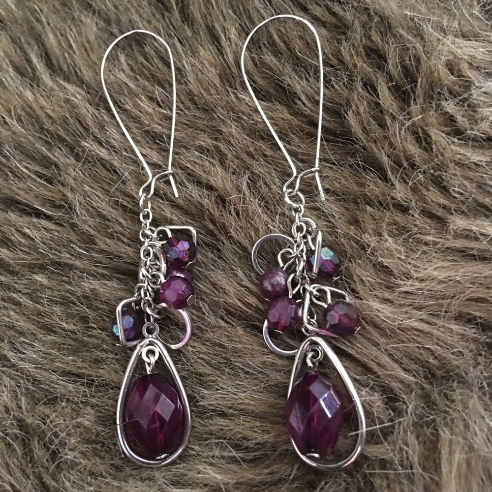 Purple faceted bead silver tone ear wire earrings